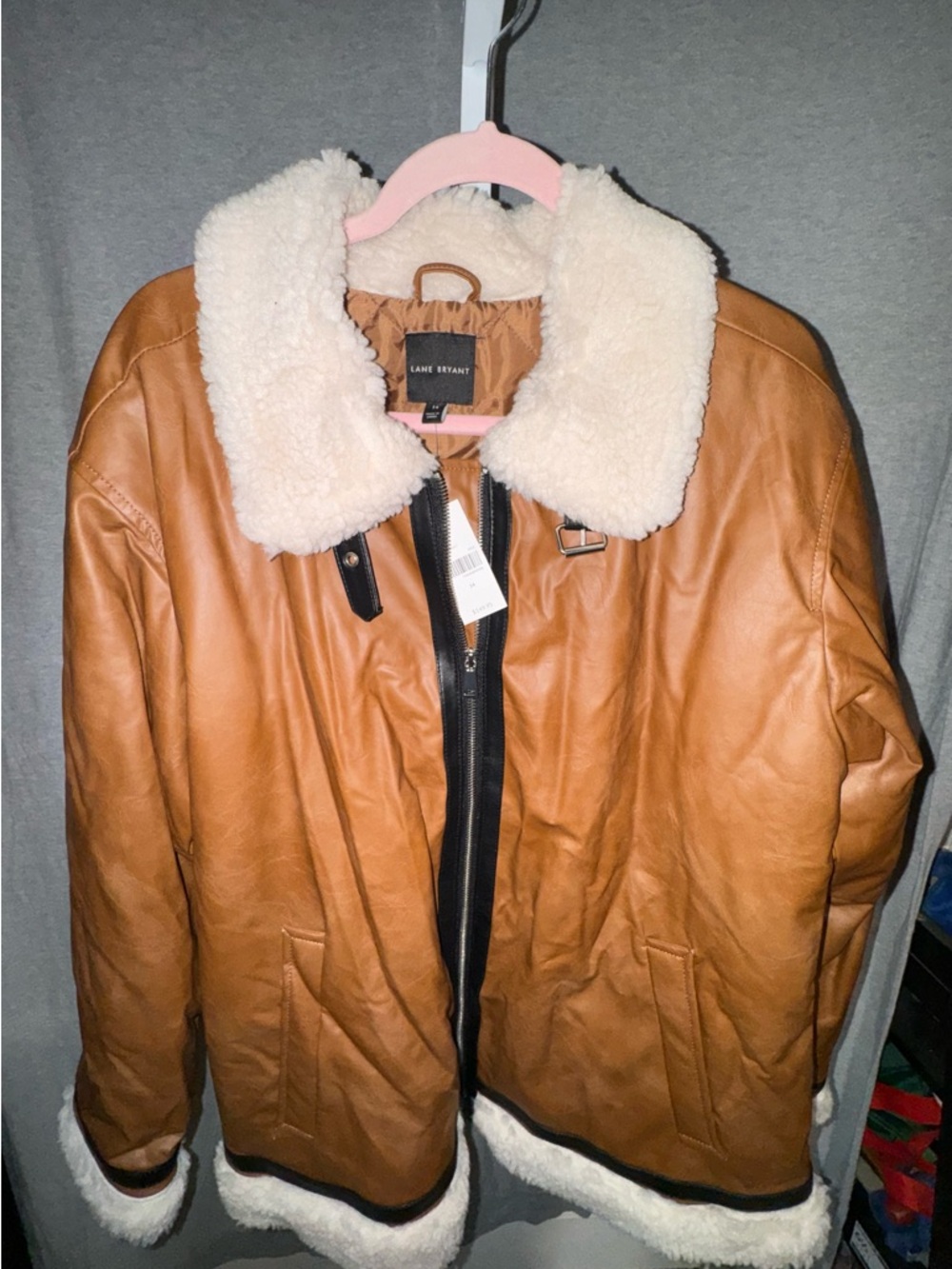 Lane Bryant Cognac Bomber Jacket with Cream Faux-Shearling